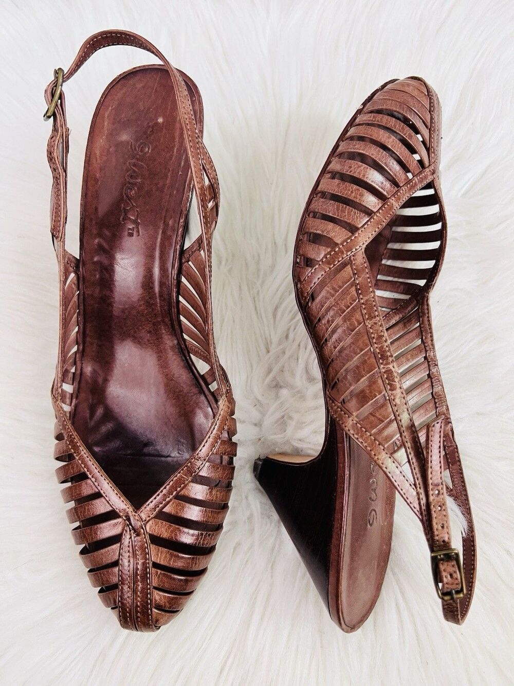 70s-80s Vintage 9 West Woven Leather Huarache Sandals 9M Brown Slingback Brazil